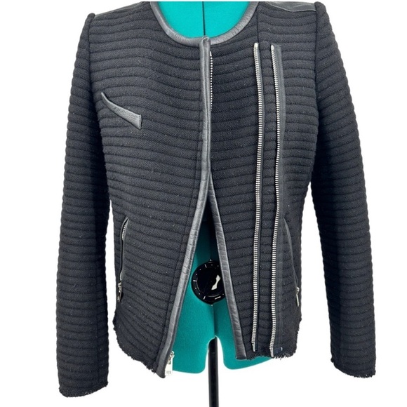 IRO Wool Blend Boucle Maiden Raw Hem Quilted Leather Trim Biker Jacket in Black - Picture 8 of 11